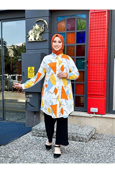 Swet Shop Jeans Women's Large Size Oversize Orange White Color Woven Viscose Fabric Tunic