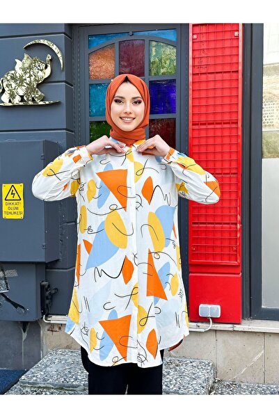 Swet Shop Jeans Women's Large Size Oversize Orange White Color Woven Viscose Fabric Tunic