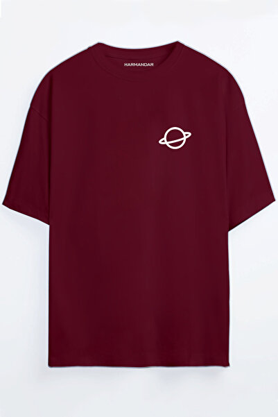 Harmandar تي شيرت مطبوع عليه زحل باللون العنابي - أزرق كبير الحجم