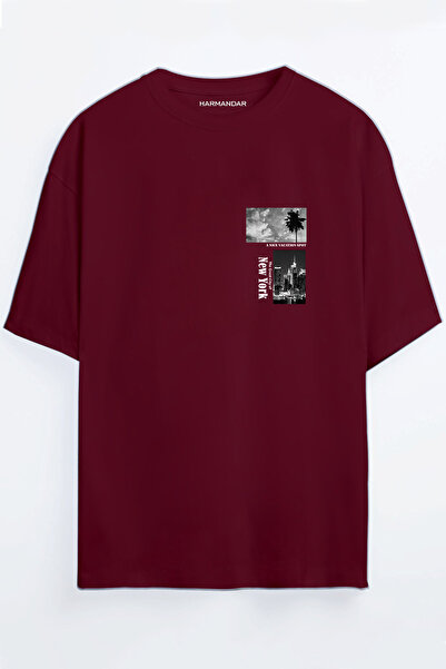 Harmandar Tricou oversize roșu claret cu imprimeu New York - albastru