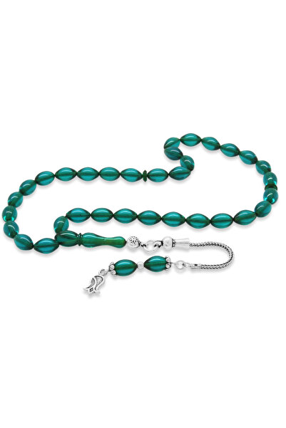 Tesbihane 925 Ayar Gümüş Püsküllü Bilek Boy Arpa Kesim Turkuaz Ateş Kehribar Tesbih