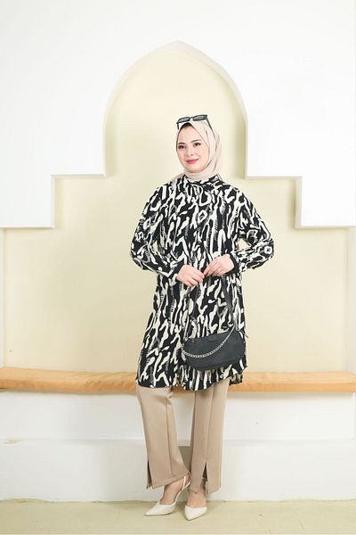 Swet Shop Jeans Women's Large Size Battal Black and White Color Woven Viscose Fabric Tunic
