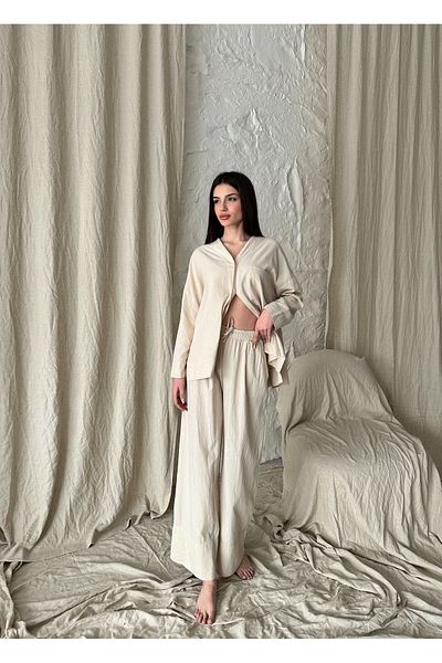 Laluvia Beigefarbenes Leinen-Hose-Hemd-Set mit zwei Beinen