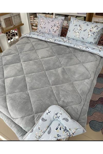 tekstildiyarı Welsoft Puffy Double and Reversible Quilt Set - Gray Blue Ethnic