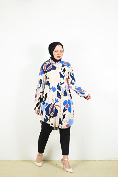 Swet Shop Jeans Women's Large Size Oversize Blue White Color Woven Viscose Fabric Tunic