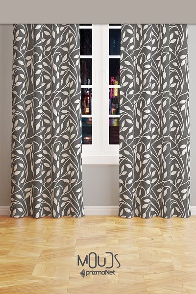 Moud's Gray Flora Series Patterned Suede Living Room Hall Background Curtain Printed Extrafor Drawstring 2 Sash PRD-1073