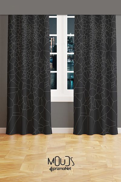 Moud's Gray Crystal Patterned Suede Living Room Hall Background Curtain Printed Extrafor Drawstring 2 Sash PRD-1079