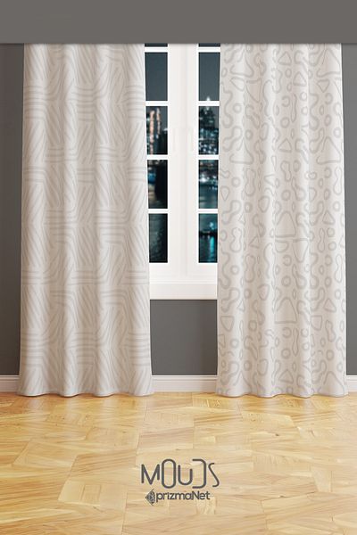Moud's White Symbols Patterned Suede Living Room Hall Background Curtain Printed Extrafor Drawstring 2 Sash PRD-1076