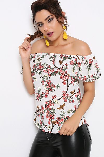 AVORWE Madonna Collar Ruffle Detailed Floral Blouse