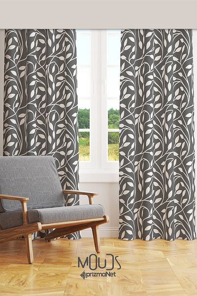 Moud's Gray Flora Series Patterned Suede Living Room Hall Background Curtain Printed Extrafor Drawstring 2 Sash PRD-1073
