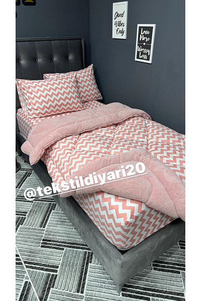 tekstildiyarı Welsoft Puffy Single Sleeping Set - Powder Zigzag with Elastic Sheets