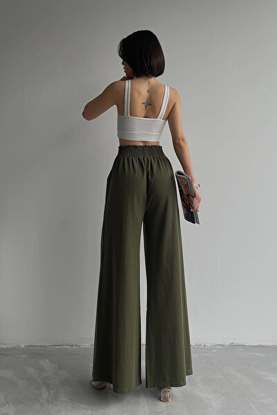 Ortaya Çık Haki Geniş Paça Beli Lastikli Gabardin Pantolon