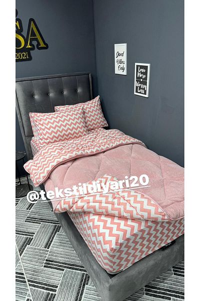 tekstildiyarı Welsoft Puffy Single Sleeping Set - Powder Zigzag with Elastic Sheets