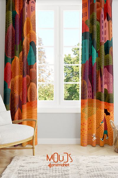 Moud's Fall Patterned Suede Living Room Hall Background Curtain Digital Printed Extrafor Drawstring 2 Sash PRD-1094