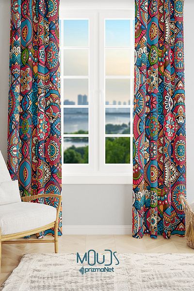 Moud's Anatolia 10 Patterned Suede Living Room Hall Background Curtain Printed Extrafor Drawstring 2 Sash PRD-1101