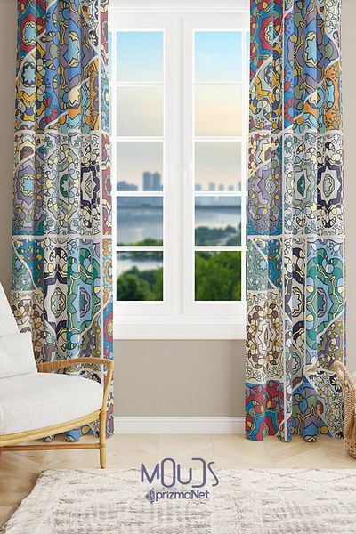 Moud's Mosque Tiles 4 Patterned Suede Living Room Hall Background Curtain Printed Extrafor Drawstring 2 Sash PRD-1087