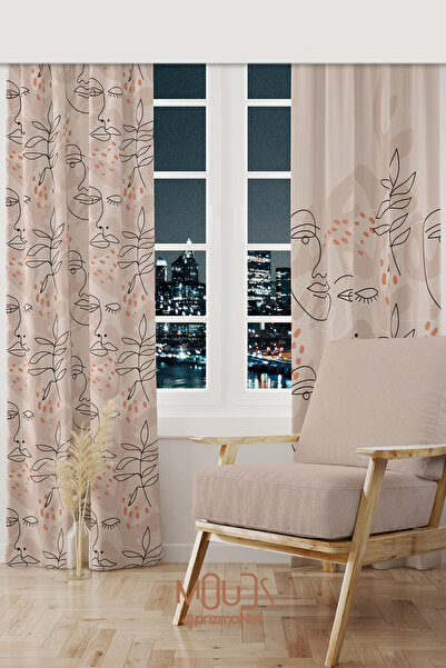 Moud's One Line Woman Desenli Süet Oturma Odası Salon Fon Perde Baskılı Ekstr...