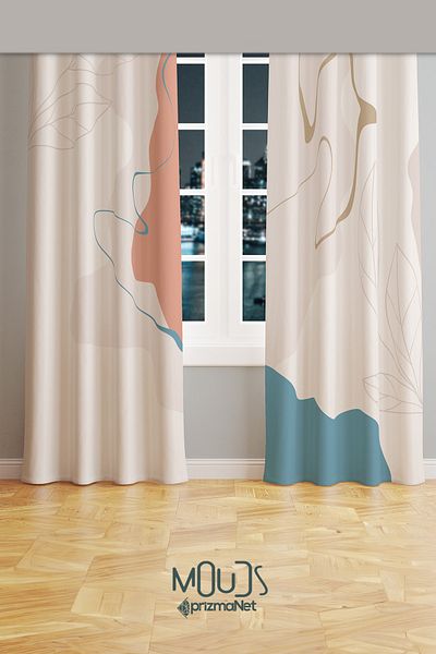 Moud's Farmer Patterned Suede Living Room Hall Background Curtain Digital Printed Extrafor Drawstring 2 Sash PRD-1108
