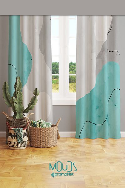 Moud's Undulation Patterned Suede Living Room Hall Background Curtain Printed Extrafor Drawstring 2 Sash PRD-1114