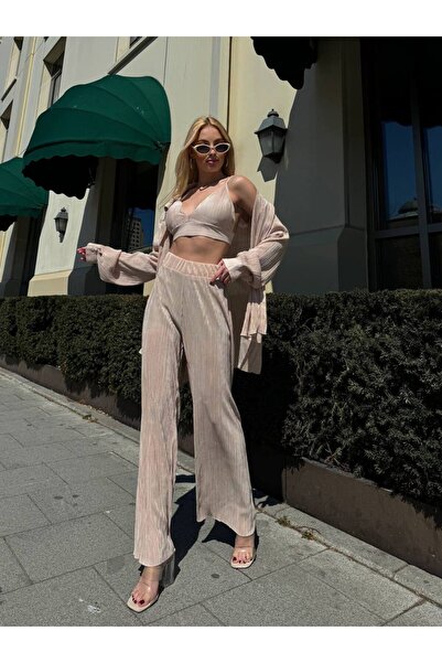 MY DEPO طقم بنطلون قميص نسائي من القماش المطوي Gloplu