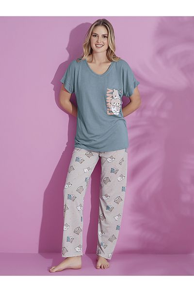 CLQTH Set pijamale moale cu mânecă scurtă imprimată și figurată