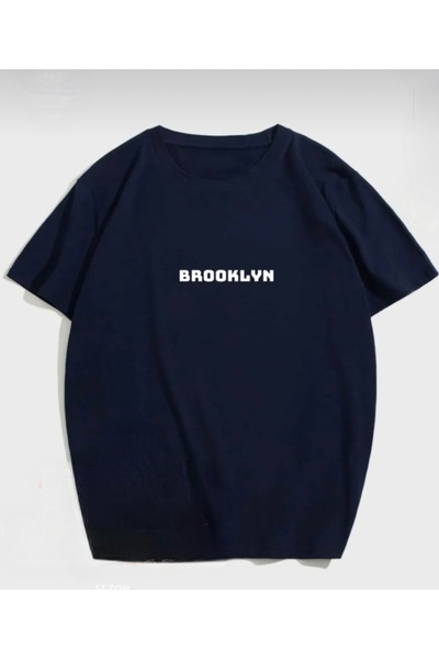 BYMEER تي شيرت بروكلين كبير الحجم مطبوع باللون الأزرق الداكن