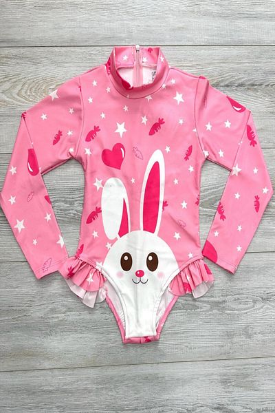 PODIUM GYM New Trend Long Sleeve CUTE RABBIT Printed Ruffle Detailed Swimsuit with Sun Protection - Swimsuit Set