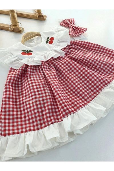 Modomood Baby Girl Red Gingham Cherry Detailed Headband Summer Dress