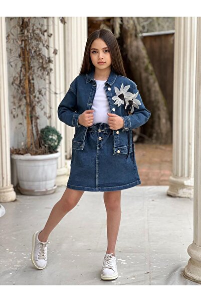 en tarz çocuklar GIRL'S DENIM SKIRT - DENIM JACKET AND T-SHIRT TRIPLE SET-23 APRIL-FESTING