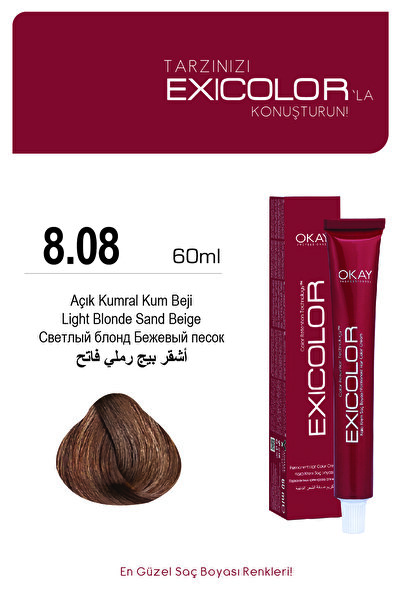 Exicolor 8.08 AÇIK KUMRAL KUM BEJİ Kalıcı Krem Saç Boyası 60ml