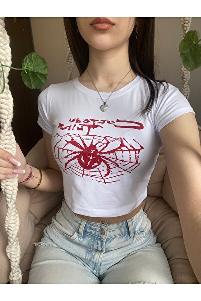 Violon Λευκό κόκκινο Spider Web Spider Printed Γυναικείο Crop