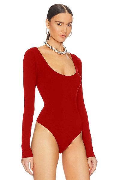 zaccana z Women's Long Sleeve U Neck Double Layer Silk Jersey Bodysuit U345