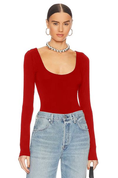 zaccana z Women's Long Sleeve U Neck Double Layer Silk Jersey Bodysuit U345