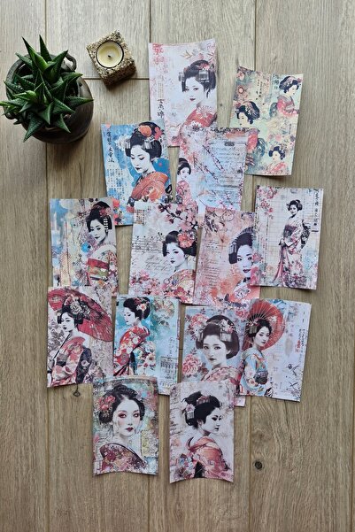 Mona Craftist 14 Adet Eskitme Japon Geisha Temalı Scrapbook Kağıt Seti Bullet...
