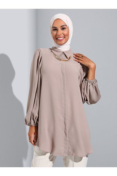 Refka Silk Keyed Voluminous Sleeve Detailed Tunic - Mink -