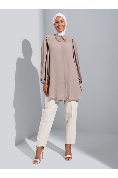 Refka Silk Keyed Voluminous Sleeve Detailed Tunic - Mink -