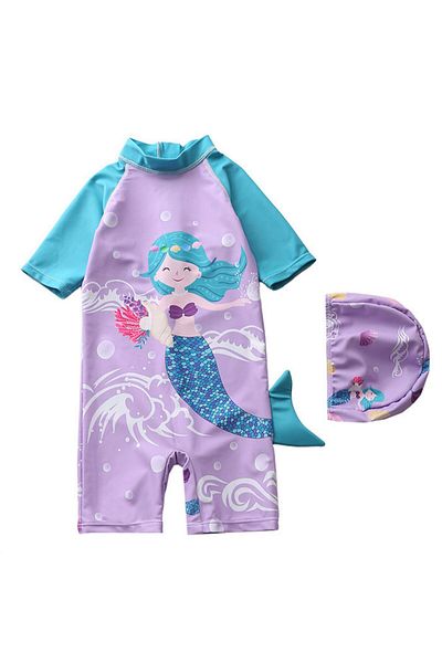 Petityu Sun Protection Short Sleeve Mermaid Mermaid Pattern Girls' Swimsuit Upf Girls' Swimsuit