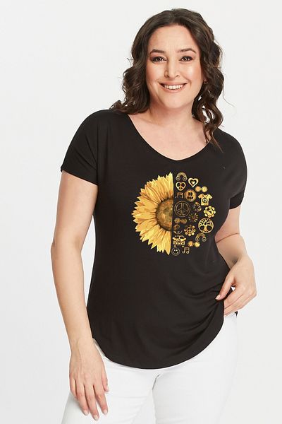 Curvy Trend Plus Size Sun Flower Printed Wide V-Neck Short Sleeve Oval Slit Blouse