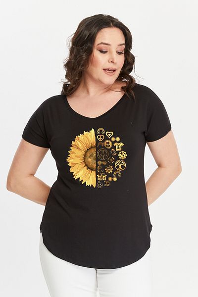 Curvy Trend Plus Size Sun Flower Printed Wide V-Neck Short Sleeve Oval Slit Blouse