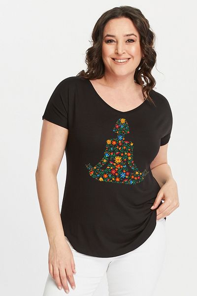 Curvy Trend Plus Size Floral Yoga Printed Wide V-Neck Short Sleeve Oval Slit Blouse