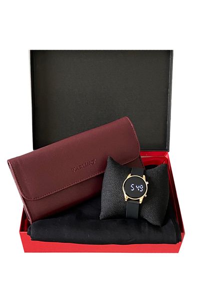 Spectrum Women's Burgundy Wallet Black Combed Cotton Shawl Digital Wristwatch