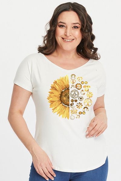 Curvy Trend Plus Size Sun Flower Printed Wide V-Neck Short Sleeve Oval Slit Blouse