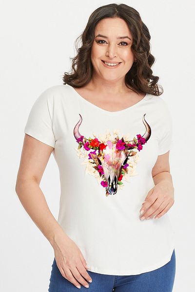 Curvy Trend Plus Size Bull Skull Printed Wide V-neck Short Sleeve Oval Slit Blouse