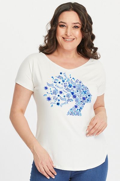 Curvy Trend Plus Size Blue Floral Silhouette Printed Wide V-Neck Short Sleeve Oval Slit Blouse