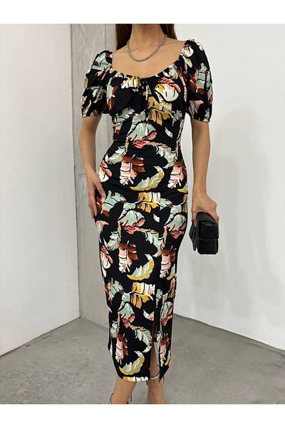 dükkan10butika Rochie de damă, guler inimă, cu modele florale, țesătură de vară, fante lungi, gresie, rochie neagră