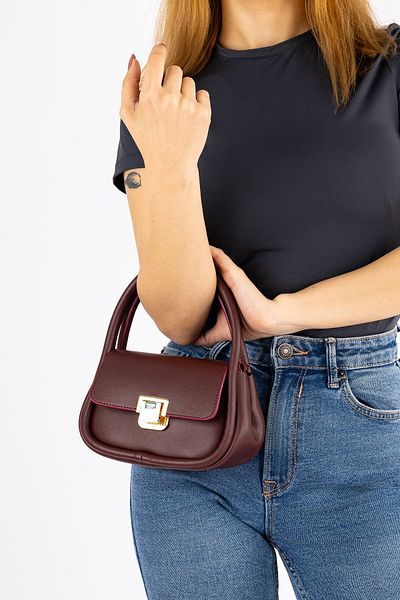 Getcho Oblek Women's Burgundy Buckle Mini Handbag Daily Use Hard Form Model Compatible with City Style