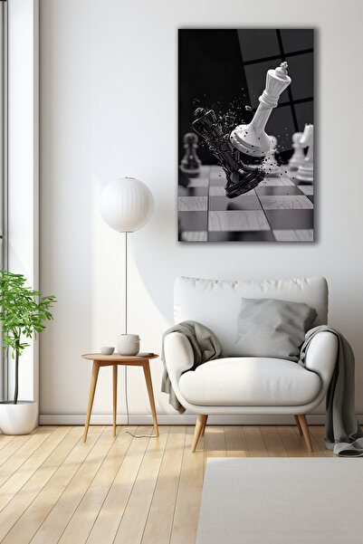 duvarsanatı Satranç Şahların Savaşı Dikey Cam Tablo Ev Ofis Salon Duvar Dekor...