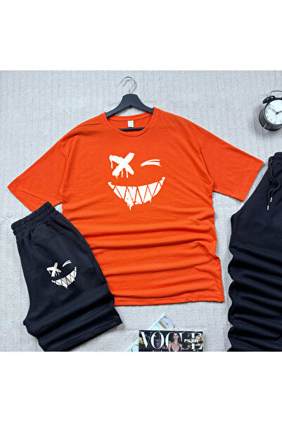 khufu Оверсайз помаранчевий футболка з принтом усміхненого обличчя, чорні шорти та спортивний костюм, 3-комплектний набір, унісекс