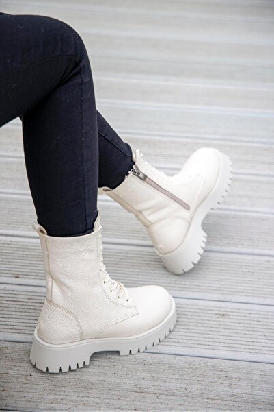 FSKOMBİN Laspezia Ekru Gerçek Deri Kadın Postal