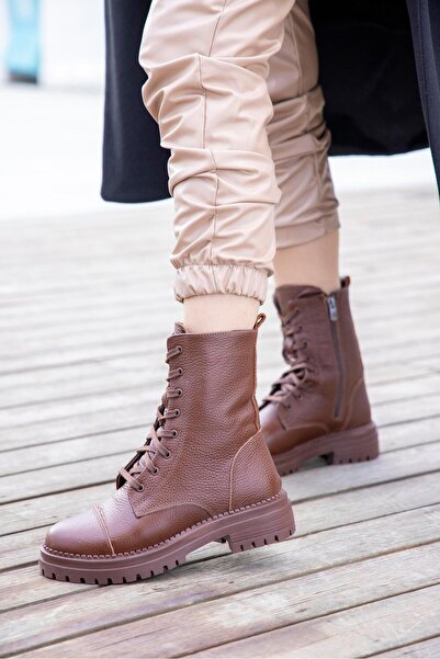 FSKOMBİN Likya Kahve Gerçek Deri Kadın Postal